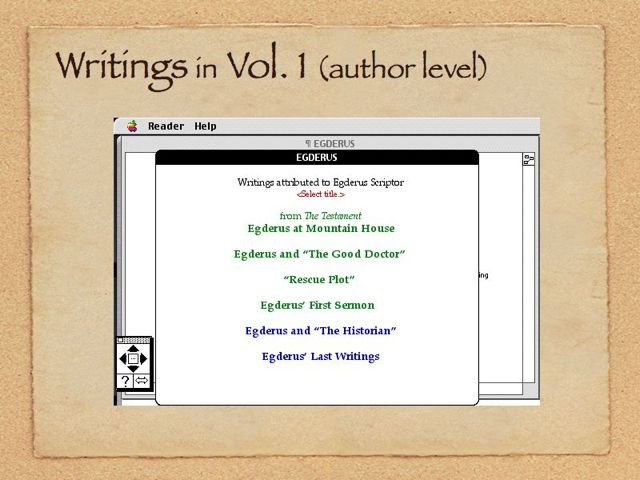 Image of text view, showing the Table of Contents of writings by Egderus. The name of the TOC is in black, beneath that a direction: <Select title.> Beneath that the first four titles appear in green, the last two in blue.